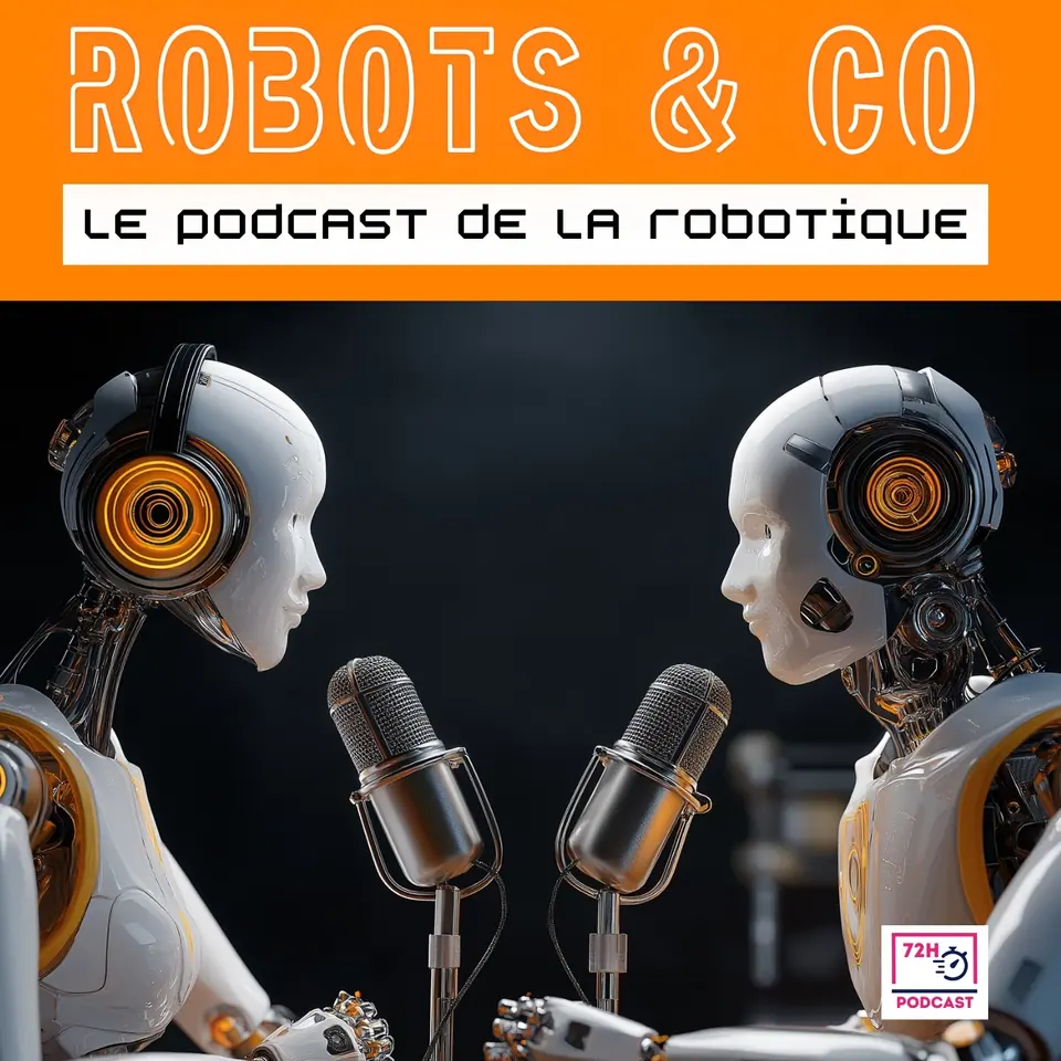 Les deux robots blancs de la cover officielle, face à face devant leurs micros, casques orange aux oreilles.
